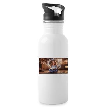 Magic of Reading: Girl with Flying Books in a Cozy - Water bottle with straw - white - Right