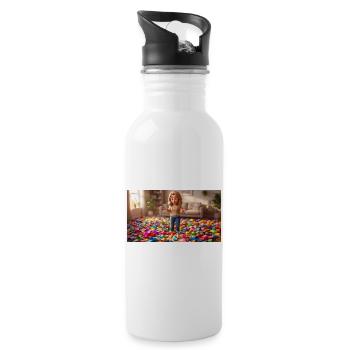 Girl Standing Barefoot in a Room Full of Slippers - Trinkflasche mit integriertem Trinkhalm - Weiß - Rechts