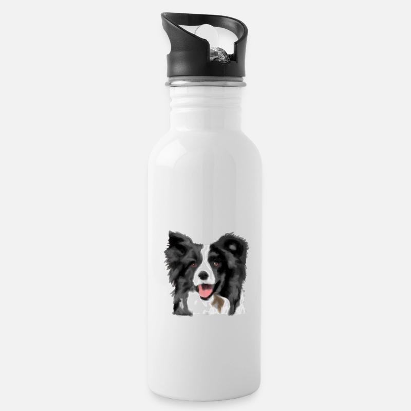 Border Collie - Trinkflasche mit integriertem Trinkhalm - Weiß