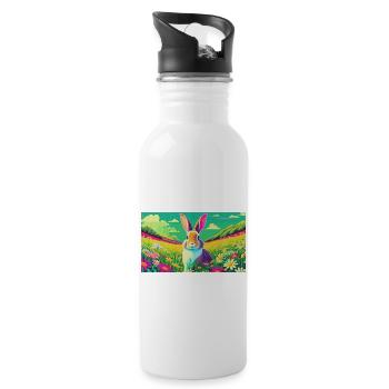 Süßes Häschen auf bunter Blumenwiese - Trinkflasche mit integriertem Trinkhalm - Weiß - Rechts