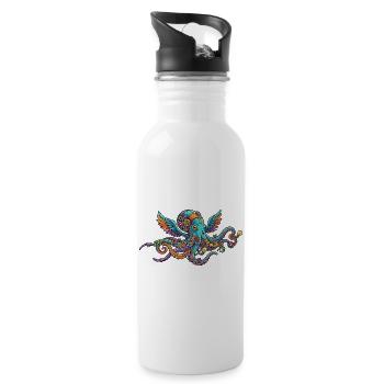 Colorful Steampunk Octopus with Wings Fantasy Creatures - Water bottle with straw - white - Right