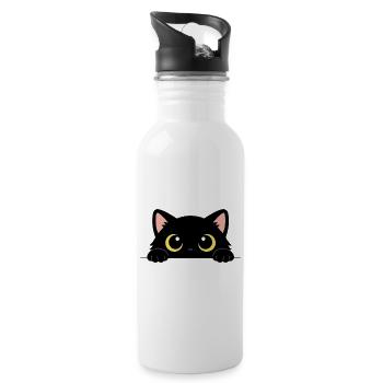 Curious Black Cat – Adorable Yellow Eyes - Water bottle with straw - white - Right