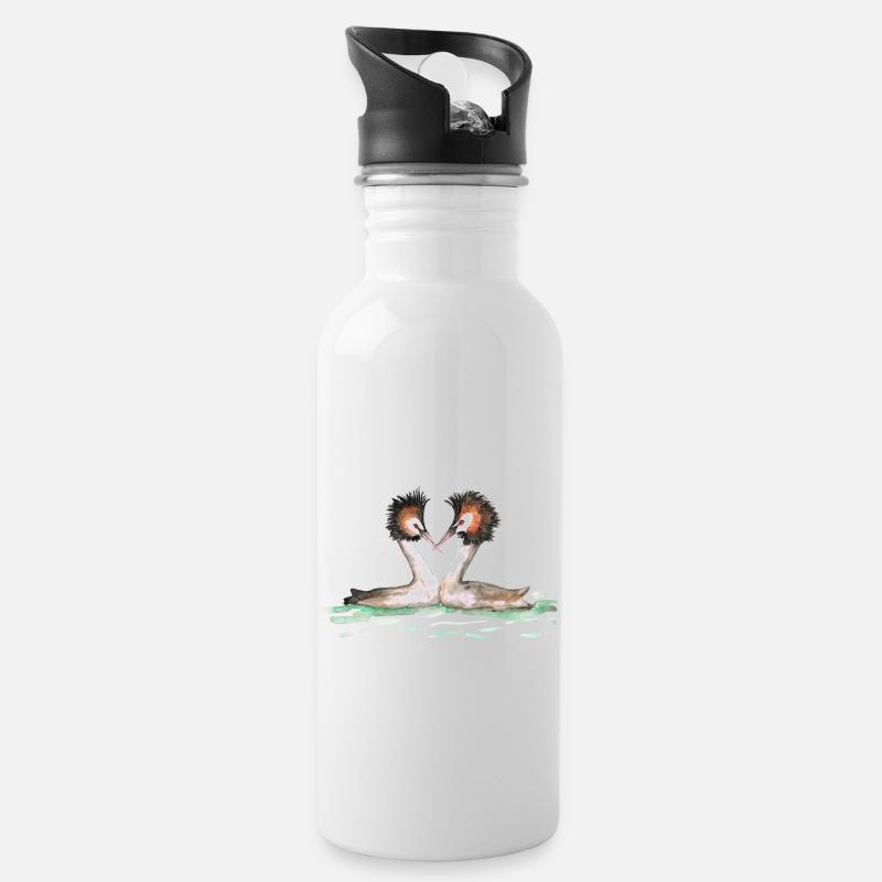 Zwei Haubentaucher - Trinkflasche mit integriertem Trinkhalm - Weiß