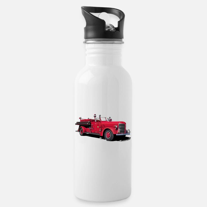 Feuerwehrauto Oldtimer - Trinkflasche mit integriertem Trinkhalm - Weiß