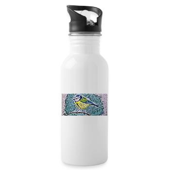 Blaumeise für Vogel-Fans  Linolstil Watercolor - Trinkflasche mit integriertem Trinkhalm - Weiß - Rechts
