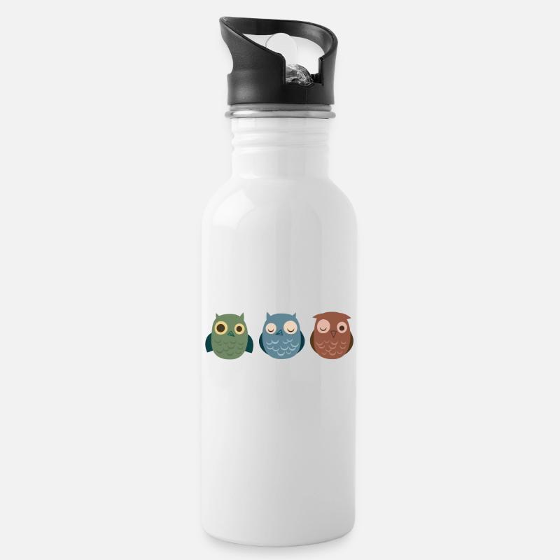 3 Eulen - Trinkflasche mit integriertem Trinkhalm - Weiß