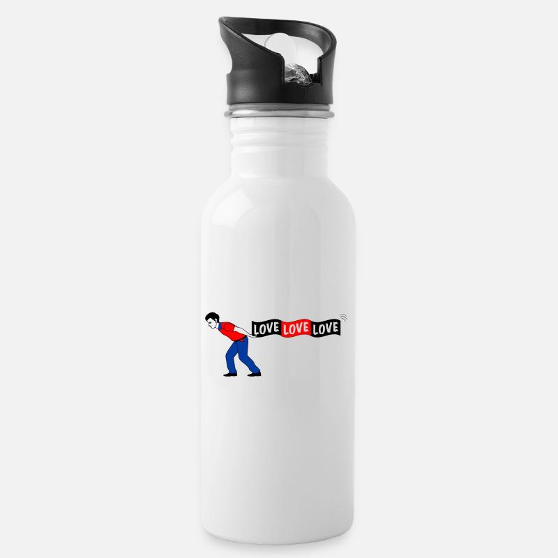 Mann zieht LOVE Banner - Trinkflasche mit integriertem Trinkhalm - Weiß