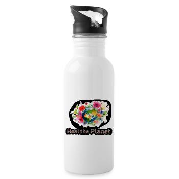 Heile den Planeten, Erdkugel umgeben von Blumen - Trinkflasche mit integriertem Trinkhalm - Weiß - Rechts