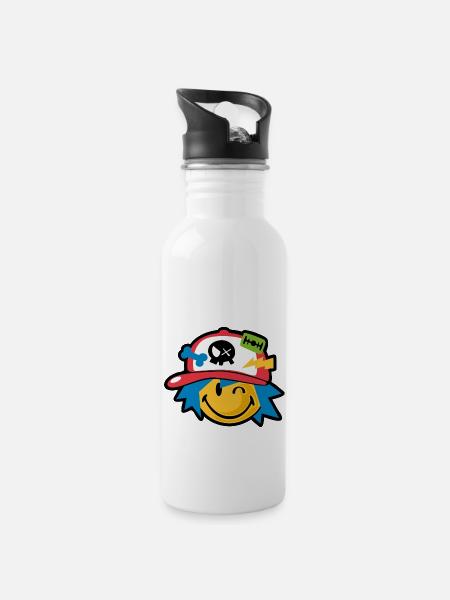 Smiley kawaii boy - Trinkflasche mit integriertem Trinkhalm - Weiß