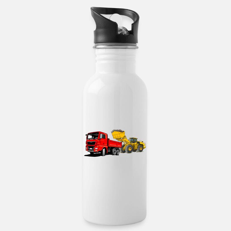 Baustelle, LKW, Radlader - Trinkflasche mit integriertem Trinkhalm - Weiß