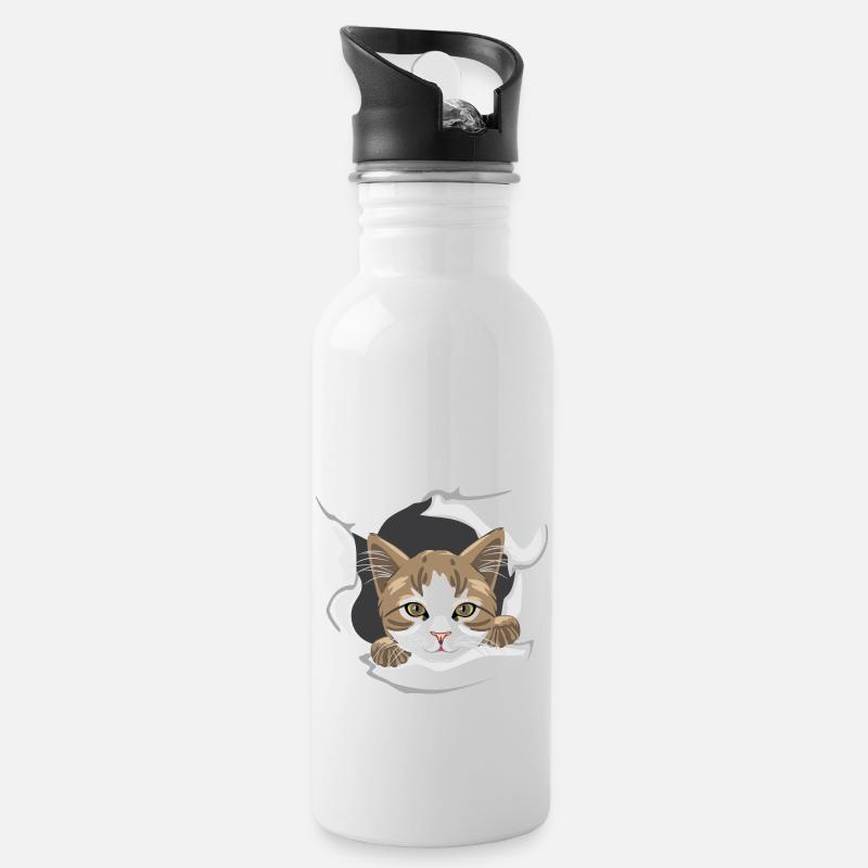Glückliche Katze späht durch zerrissenes Papier - Trinkflasche mit integriertem Trinkhalm - Weiß