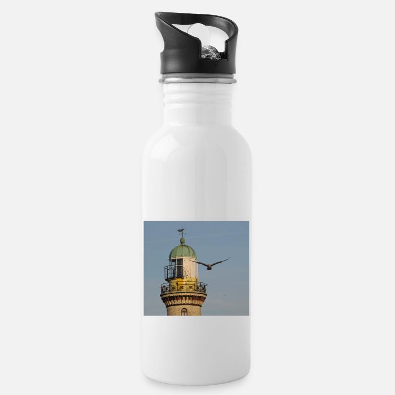 Warnemünder Leuchtturm - Trinkflasche mit integriertem Trinkhalm - Weiß