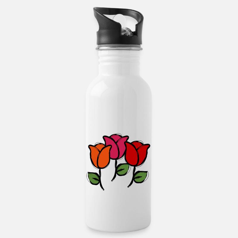 Blumen - Trinkflasche mit integriertem Trinkhalm - Weiß