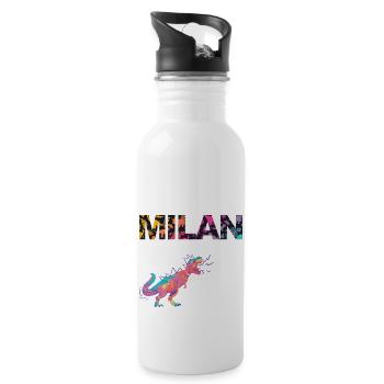 MILAN - Schöner Jungen Name mit Dinosaurier - Trinkflasche mit integriertem Trinkhalm - Weiß - Rechts