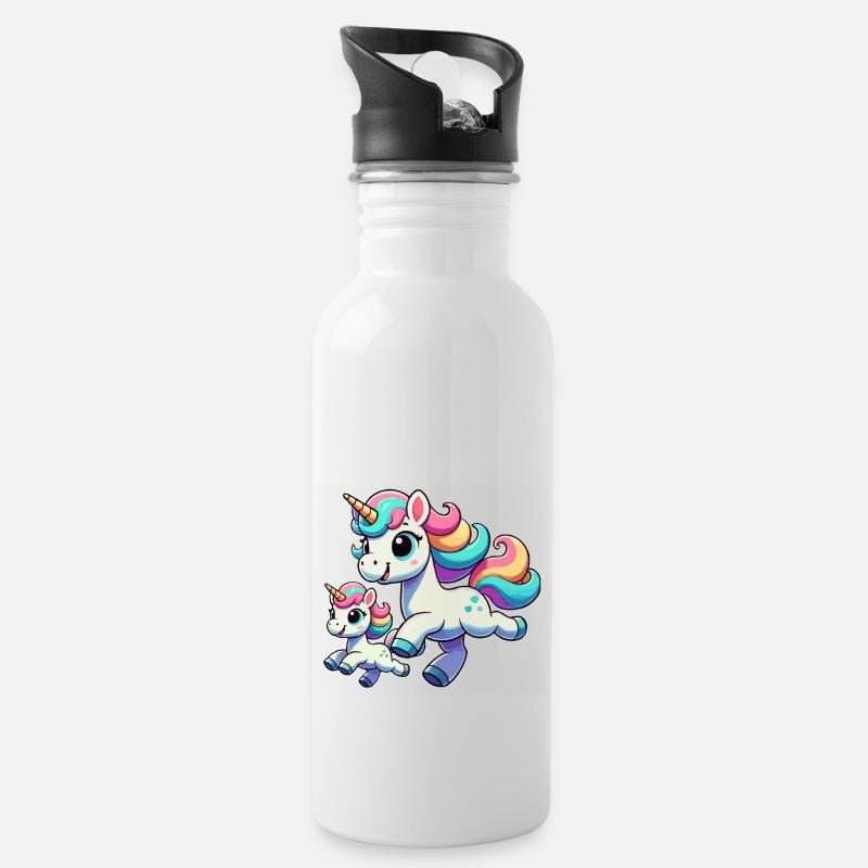 Einhorn-Mutter mit Kind - Trinkflasche mit integriertem Trinkhalm - Weiß