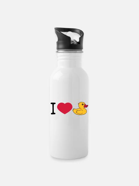 love i love heart squeaky duck rubber duck bath duck - Water bottle with straw - white