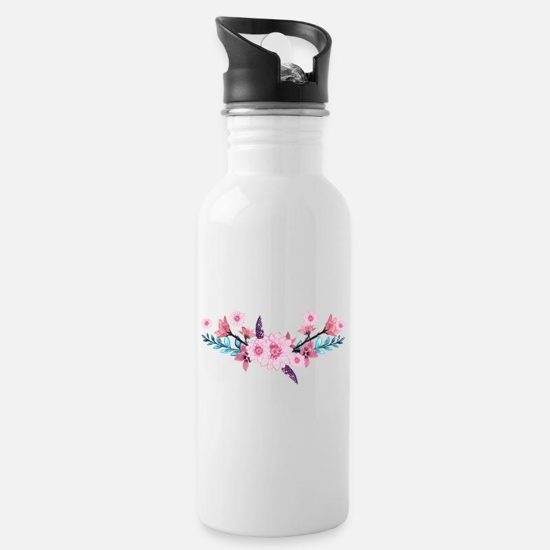 blumen - Trinkflasche mit integriertem Trinkhalm - Weiß