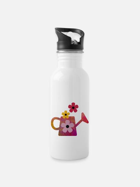 Arrosoir rouge avec des fleurs - Gourde avec paille intégrée - blanc