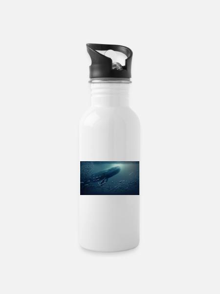 Wal und Fisch - Trinkflasche mit integriertem Trinkhalm - Weiß