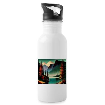 Retro mountain range with lake - Water bottle with straw - white - Right