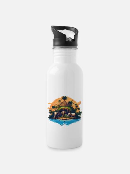Karibische Insel mit Palmen und Elefanten, surreal - Trinkflasche mit integriertem Trinkhalm - Weiß