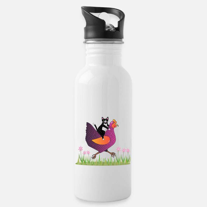 Hen Rider - Katze auf Huhn - Geschenkidee - Trinkflasche mit integriertem Trinkhalm - Weiß