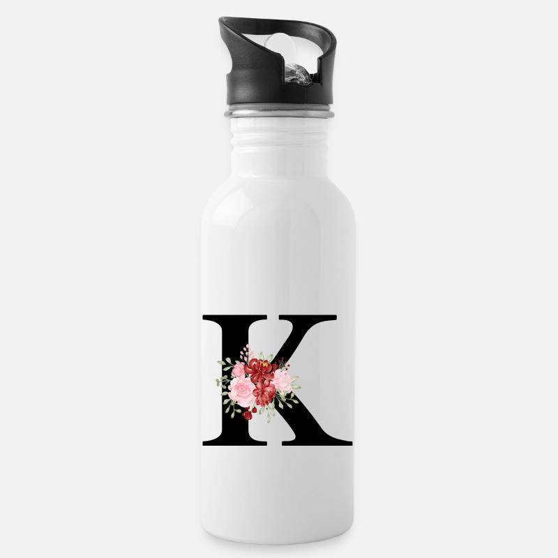 Roter floraler K-Buchstabe - Trinkflasche mit integriertem Trinkhalm - Weiß