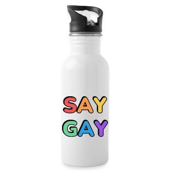 SAY GAY rainbow pride text - Water bottle with straw - white - Right
