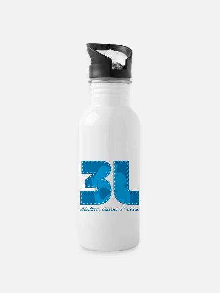 3L - listen learn love - Trinkflasche mit integriertem Trinkhalm - Weiß