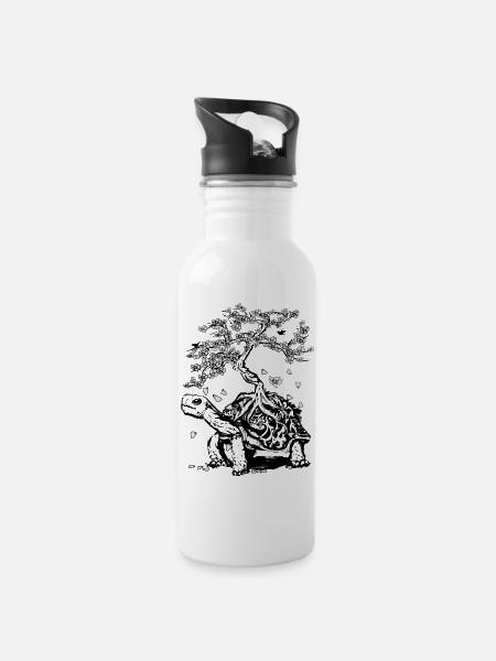 Schildkröte mit einem Bonsai auf dem Rückenpanzer - Trinkflasche mit integriertem Trinkhalm - Weiß