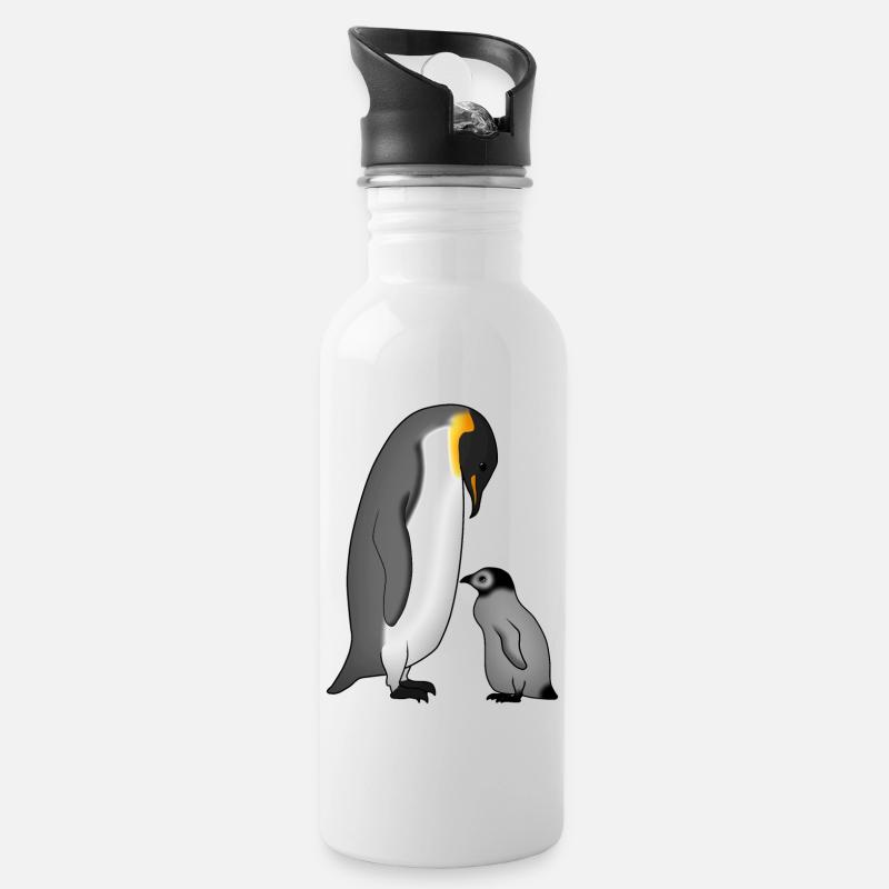 Kaiserpinguin mit Baby - Trinkflasche mit integriertem Trinkhalm - Weiß