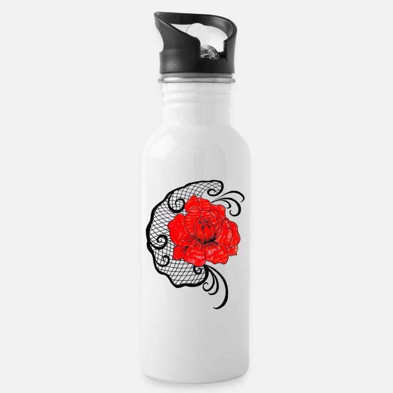 Red flower in net pattern - Water bottle with straw - white