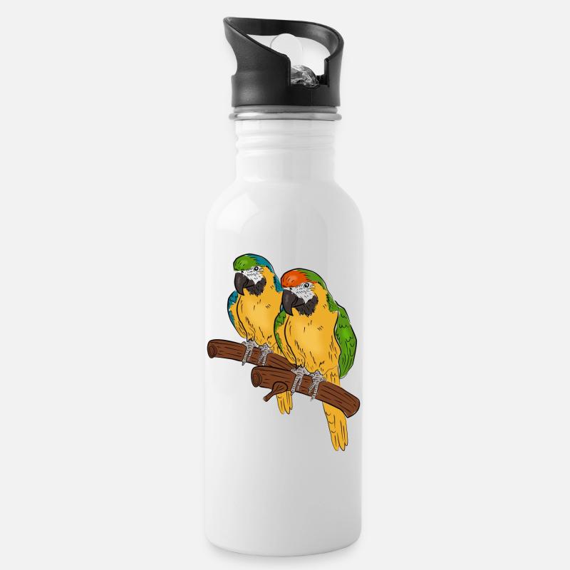 Papageien auf einem Ast - Trinkflasche mit integriertem Trinkhalm - Weiß