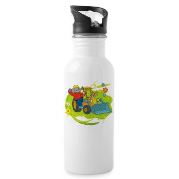 Benjamin Blümchen und Otto mit Schaufelbagger - Trinkflasche mit integriertem Trinkhalm - Weiß - Rechts