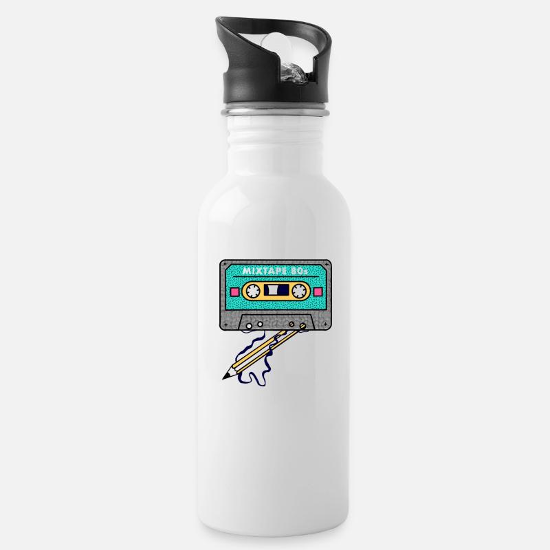 Kassette 80s Bandsalat - Trinkflasche mit integriertem Trinkhalm - Weiß