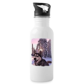 Husky dans la neige peinture portrait de chien - Gourde avec paille intégrée - blanc - Droite