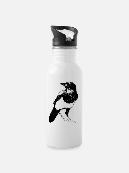 Elster Vogel * Magpie Bird * Jack Joblin Design - Trinkflasche mit integriertem Trinkhalm - Weiß