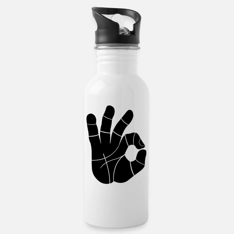OK Handzeichen | OK Hand Sign - Trinkflasche mit integriertem Trinkhalm - Weiß