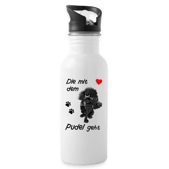 Pudeldesign - Die mit dem Pudel geht Comicstyle - Trinkflasche mit integriertem Trinkhalm - Weiß - Rechts