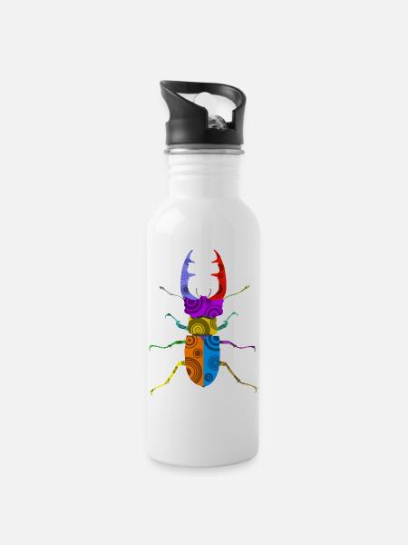 Hirschkäfer - Trinkflasche mit integriertem Trinkhalm - Weiß