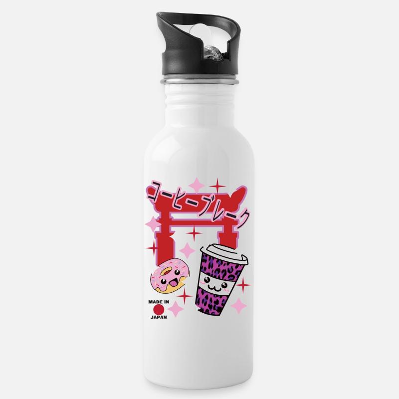 Kaffepause Kawaii Japan - Trinkflasche mit integriertem Trinkhalm - Weiß