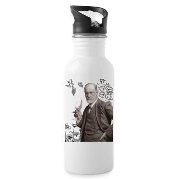 Sigmund Freud mit Weinglas und Weinreben - Trinkflasche mit integriertem Trinkhalm - Weiß - Rechts