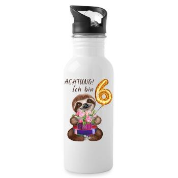 Ich bin sechs Faultier zum 6. Geburtstag - Trinkflasche mit integriertem Trinkhalm - Weiß - Rechts