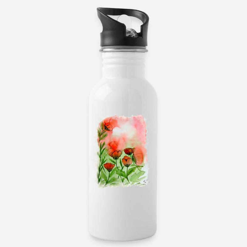 Mohnblumen Aquarell - Trinkflasche mit integriertem Trinkhalm - Weiß