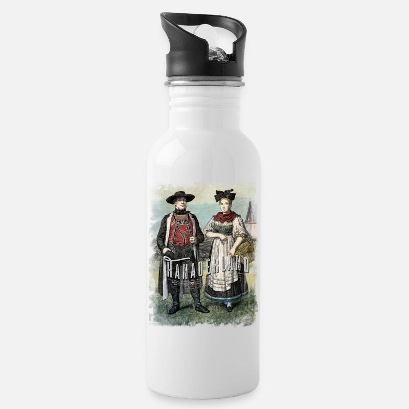 Hanauerland Tracht, Orte, Retro - Trinkflasche mit integriertem Trinkhalm - Weiß
