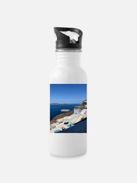Ferien in Santorini - Trinkflasche mit integriertem Trinkhalm - Weiß