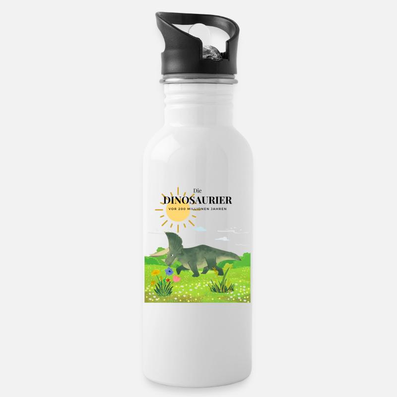Dinosaurier ART - Trinkflasche mit integriertem Trinkhalm - Weiß