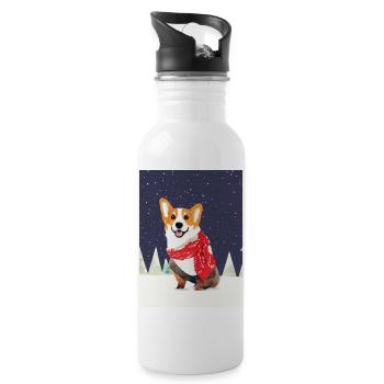Corgi with Red-White Christmas Scarf - Water bottle with straw - white - Right
