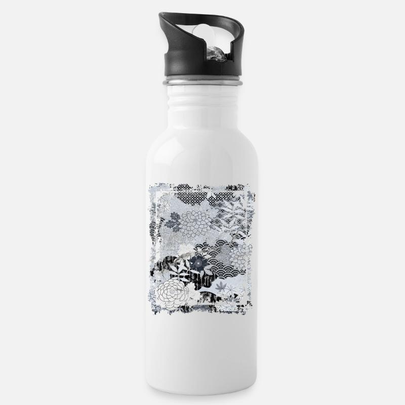 Japanisches Blumenmuster Chrysanthemenkirsche - Trinkflasche mit integriertem Trinkhalm - Weiß