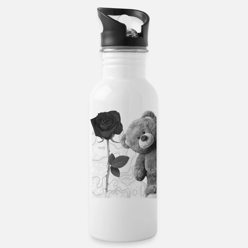 Teddybär mit Rose - Trinkflasche mit integriertem Trinkhalm - Weiß